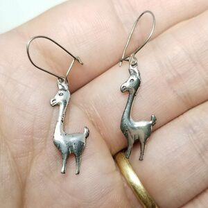 Vintage Little Llama Alpaca Shape Dangle Charm Earrings, Silver Tone, Estate